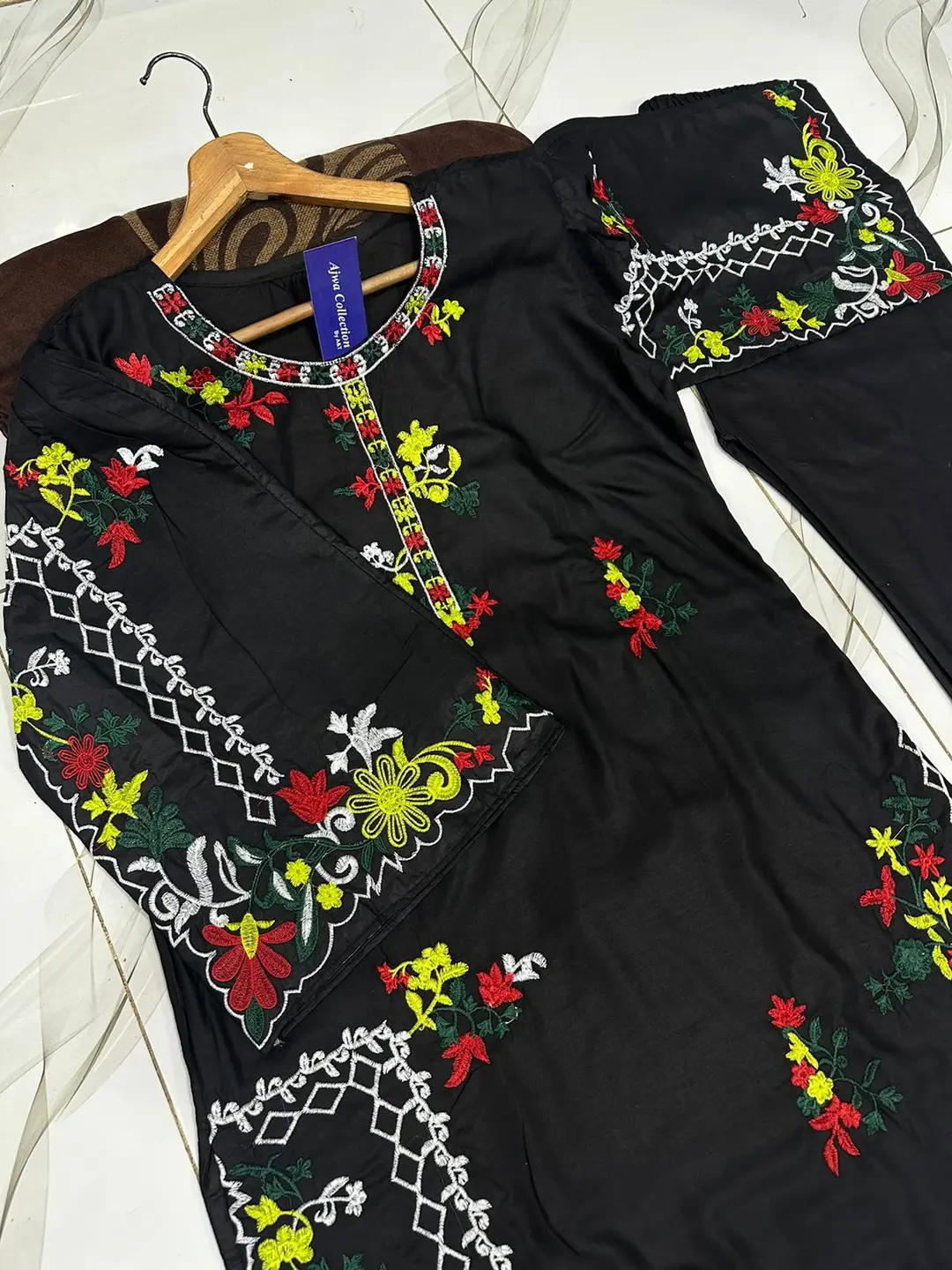 2 Pcs Women's Stitched Linen Embroidered Shirt And Trouser