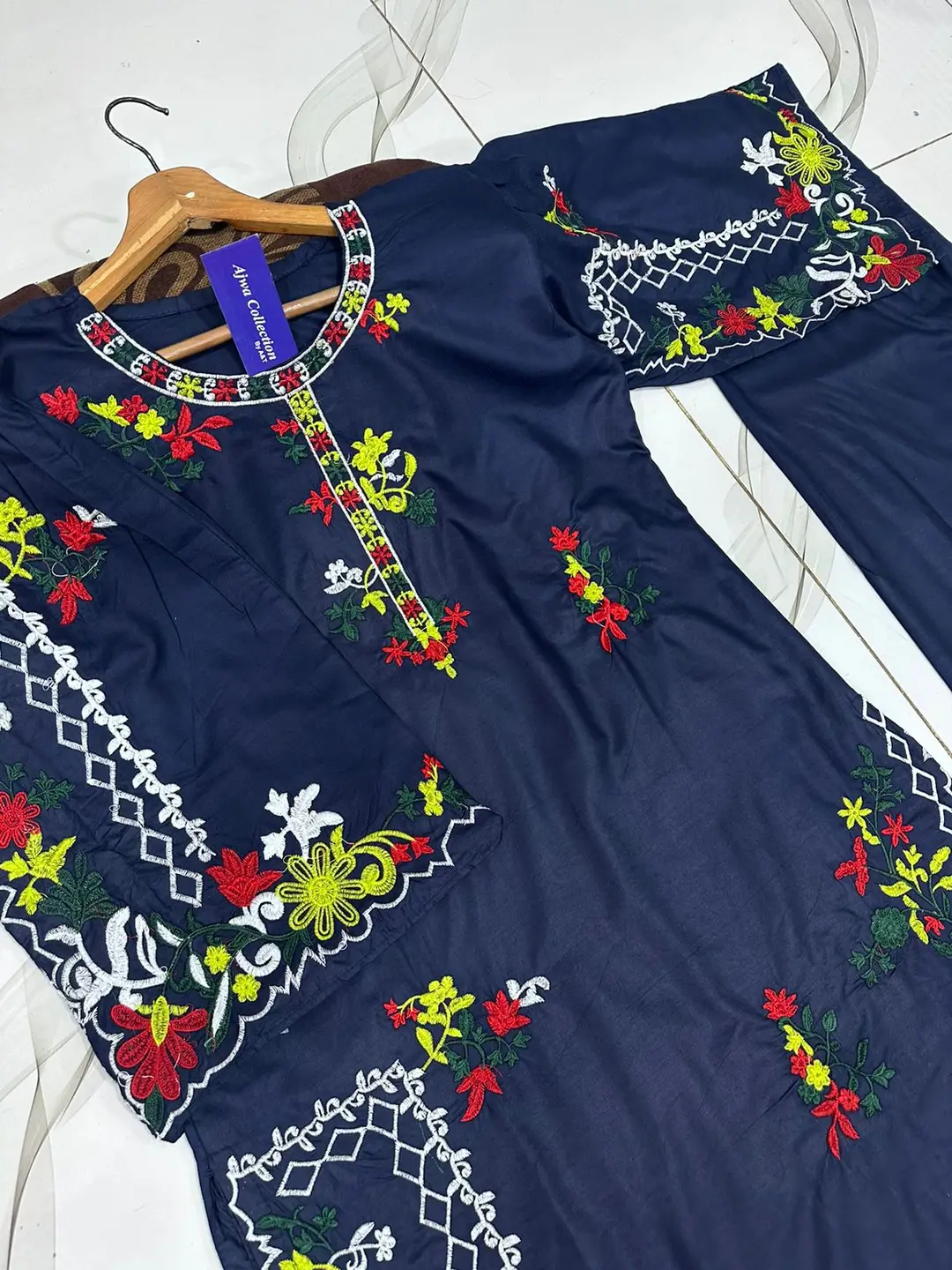 2 Pcs Women's Stitched Linen Embroidered Shirt And Trouser