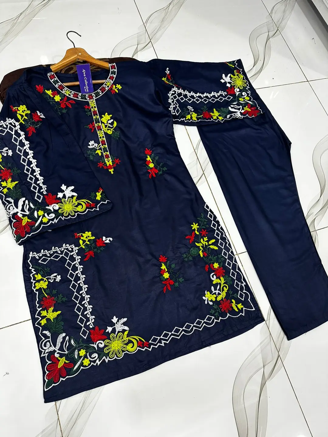 2 Pcs Women's Stitched Linen Embroidered Shirt And Trouser