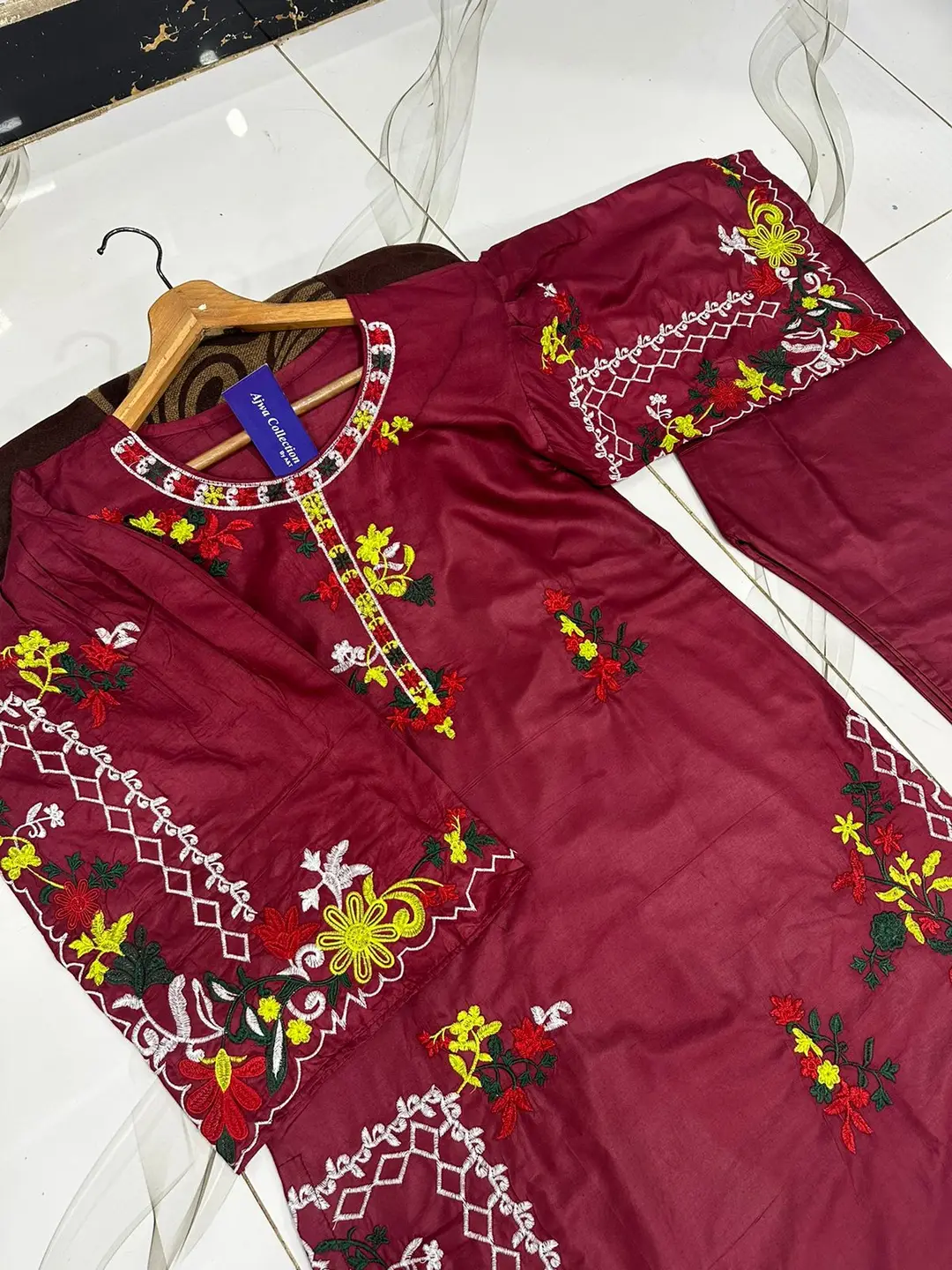 2 Pcs Women's Stitched Linen Embroidered Shirt And Trouser