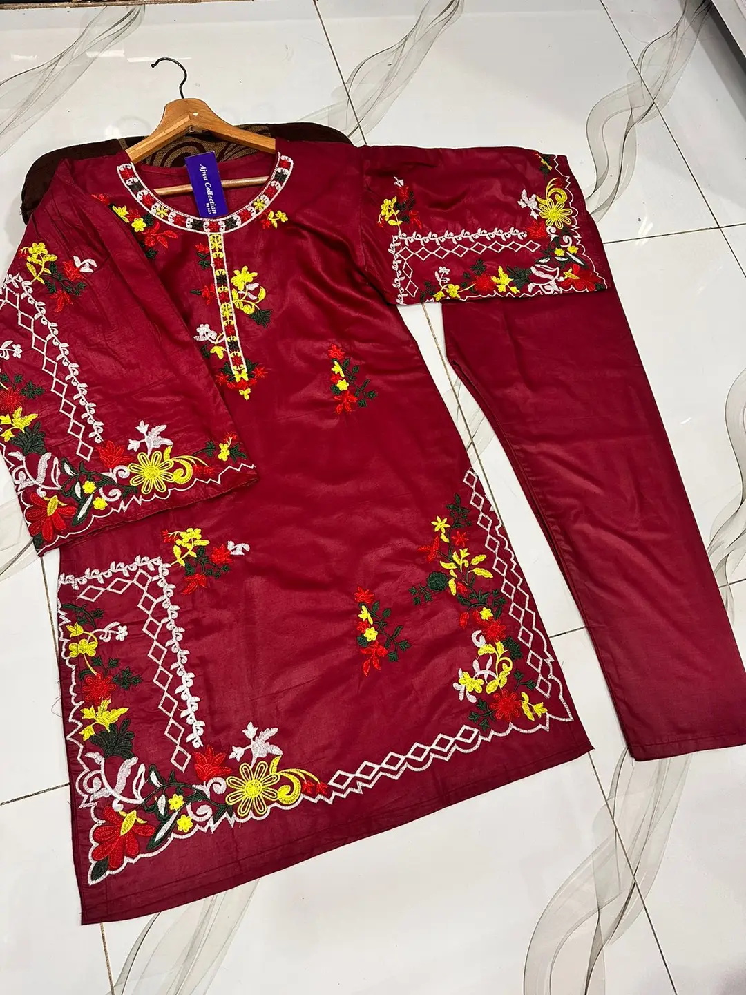 2 Pcs Women's Stitched Linen Embroidered Shirt And Trouser
