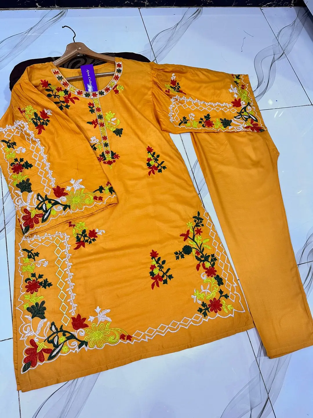 2 Pcs Women's Stitched Linen Embroidered Shirt And Trouser