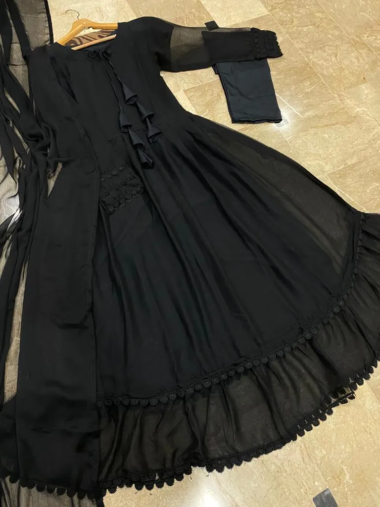 3 Pcs Women's Stitched Chiffon Plain Maxi Suit