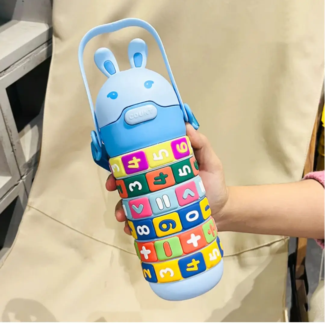 High Quality Kids Rabbit Puzzle Water Bottle 520ml – Educational Rotating Number Straw Sipper | Leakproof School Bottle for Boys & Girls