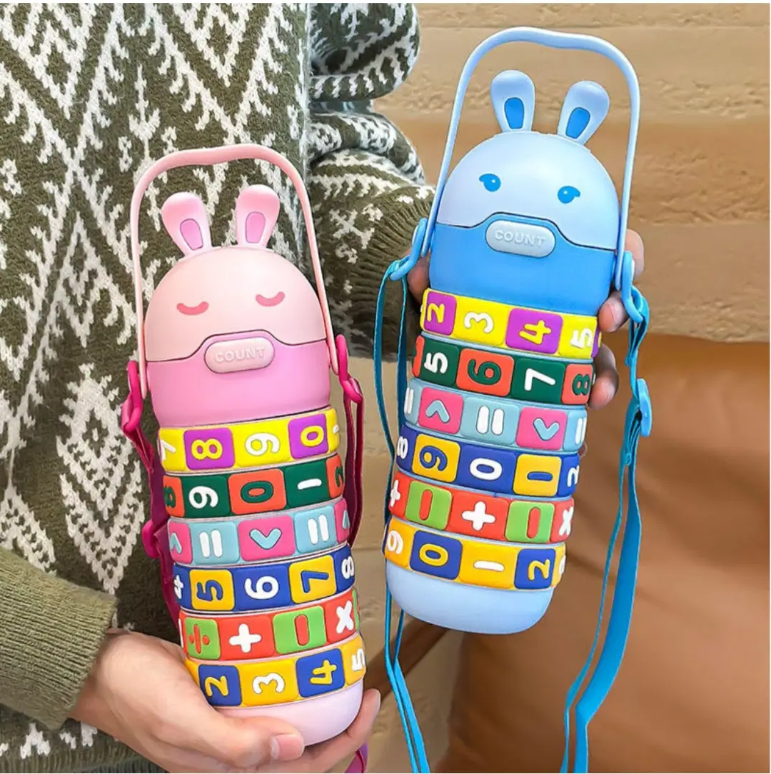 High Quality Kids Rabbit Puzzle Water Bottle 520ml – Educational Rotating Number Straw Sipper | Leakproof School Bottle for Boys & Girls