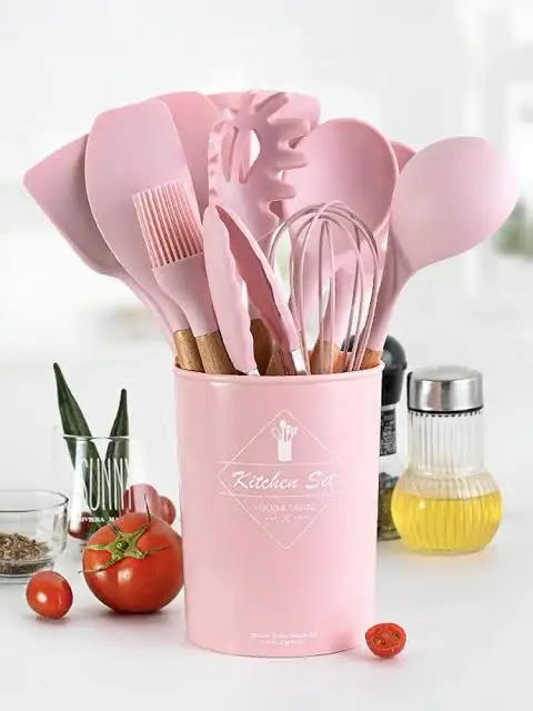 High Quality 12 Pcs Silicone Kitchen Utensil Set with Wooden Handles | Heat Resistant BPA Free Non-Stick Cooking Tools | Spatula, Turner, Spoon, Tongs, Whisk & Brush