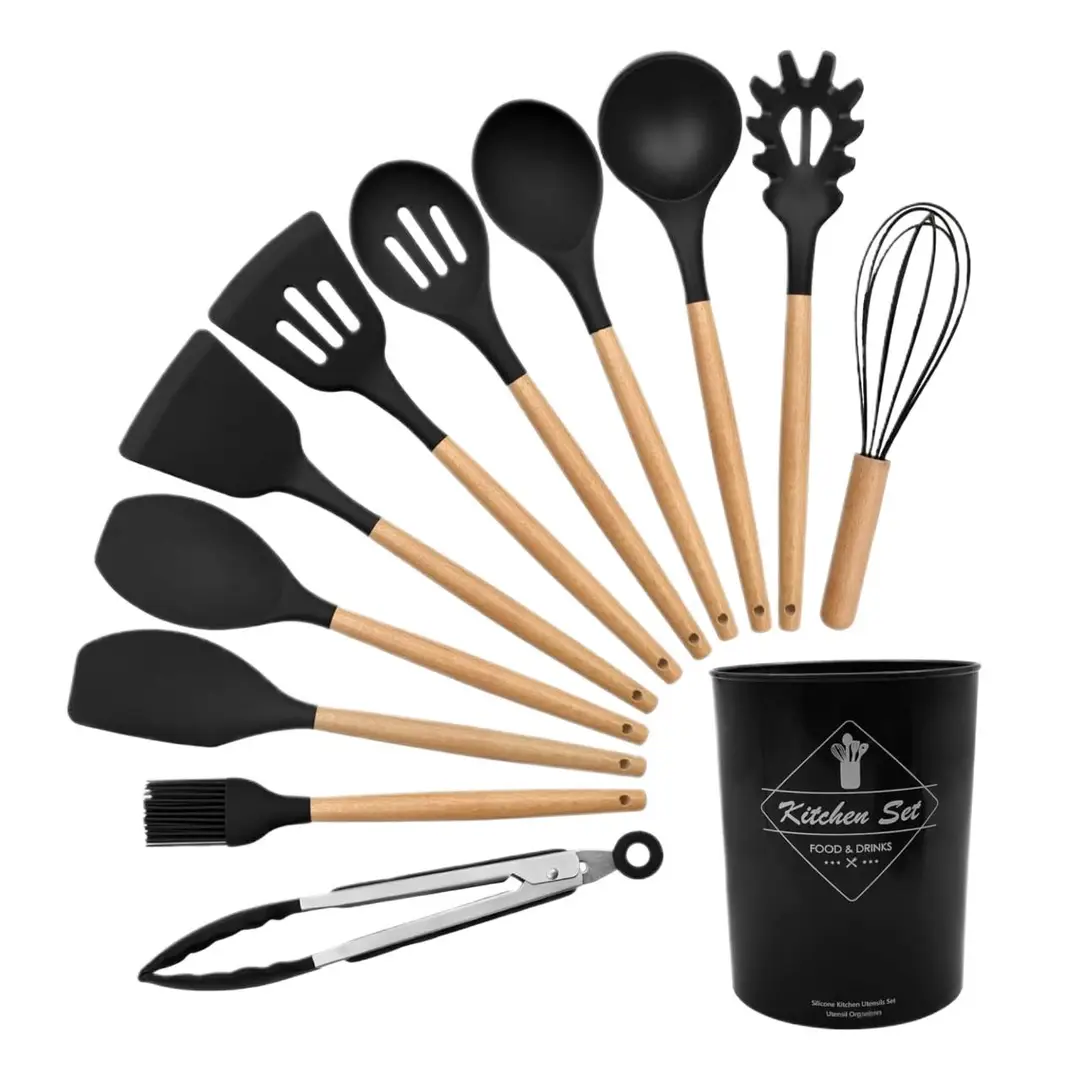 High Quality 12 Pcs Silicone Kitchen Utensil Set with Wooden Handles | Heat Resistant BPA Free Non-Stick Cooking Tools | Spatula, Turner, Spoon, Tongs, Whisk & Brush