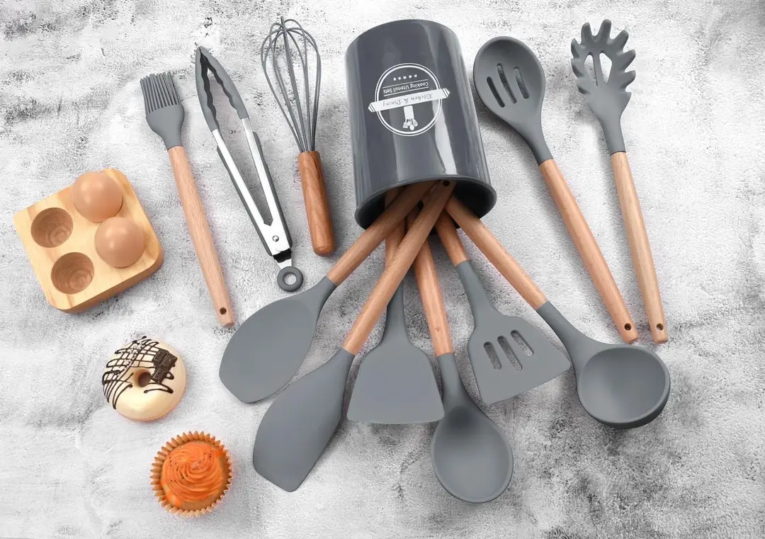 High Quality 12 Pcs Silicone Kitchen Utensil Set with Wooden Handles | Heat Resistant BPA Free Non-Stick Cooking Tools | Spatula, Turner, Spoon, Tongs, Whisk & Brush