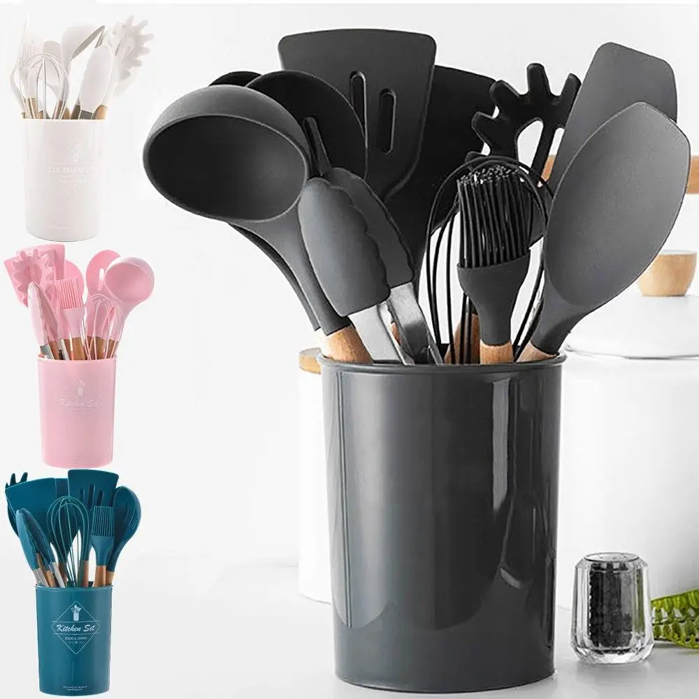 High Quality 12 Pcs Silicone Kitchen Utensil Set with Wooden Handles | Heat Resistant BPA Free Non-Stick Cooking Tools | Spatula, Turner, Spoon, Tongs, Whisk & Brush