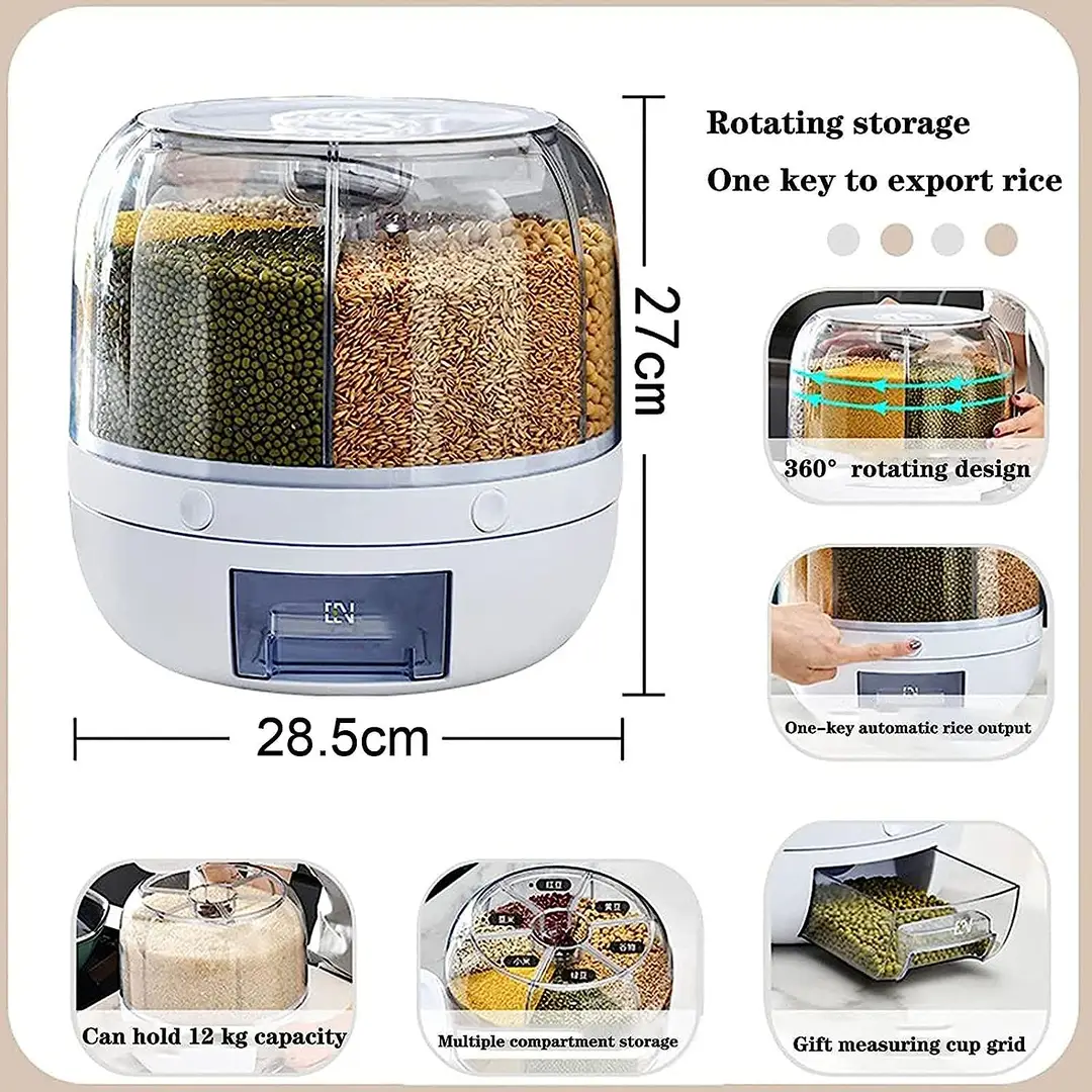 High Quality 7 Liter Rotating Grain Dispenser Rice Barrel Dry Food Container Round Rice Storage