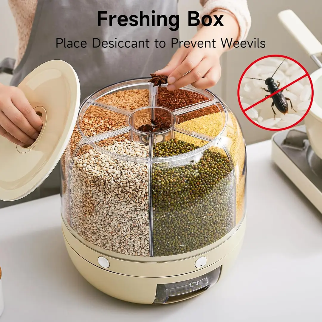 High Quality 7 Liter Rotating Grain Dispenser Rice Barrel Dry Food Container Round Rice Storage