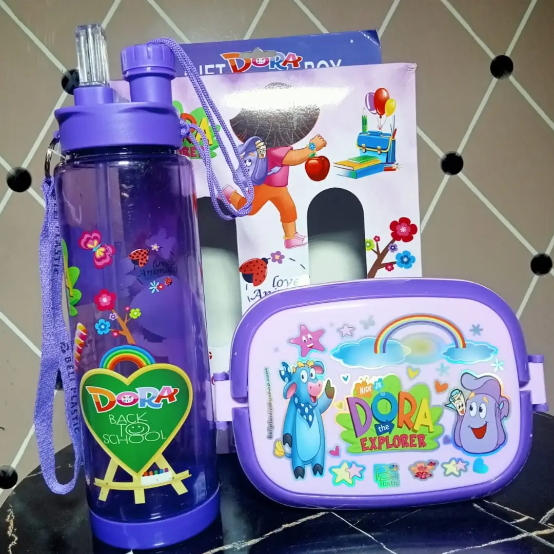 2 in 1 Kids Water Bottle & Lunch Box Gift Set – School Tiffin Box with Spoon & Leakproof Bottle