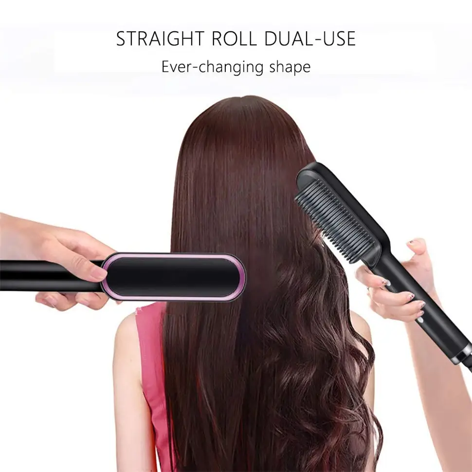 2 in 1 Hair Straightener Brush & Curling Comb | Electric Heated Hair Straightening Brush | Anti-Scald Hot Comb Hair Styler