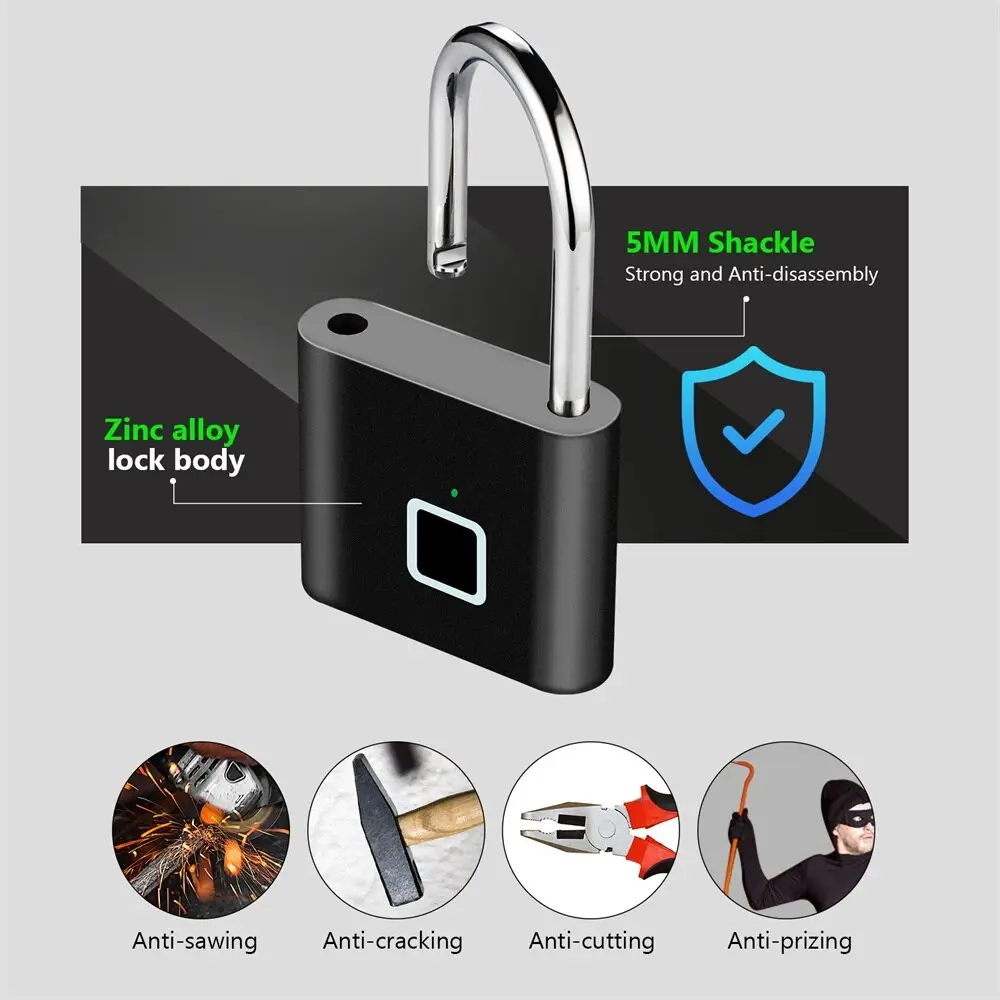 Smart Fingerprint Lock USB Rechargeable Biometric Padlock