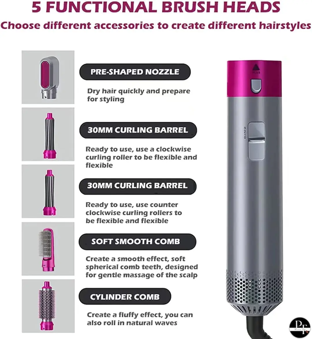 High Quality 5 in 1 Hot Air Hair Styler & Dryer Brush | Hair Straightener, Curler, Volumizer & One Step Blow Dryer | Multi-Function Hair Styling Tool