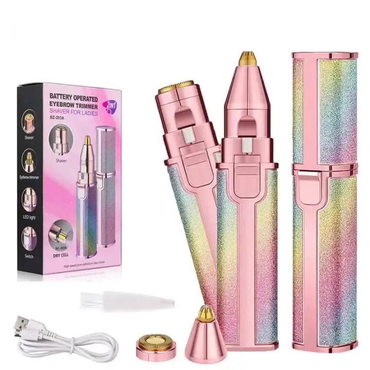 High Quality 2 in 1 Rechargeable Eyebrow Trimmer & Facial Hair Remover for Women | Painless Electric Ladies Shaver with LED Light | Portable Precision Face Razor for Eyebrows, Upper Lip, Chin, Nose & Bikini