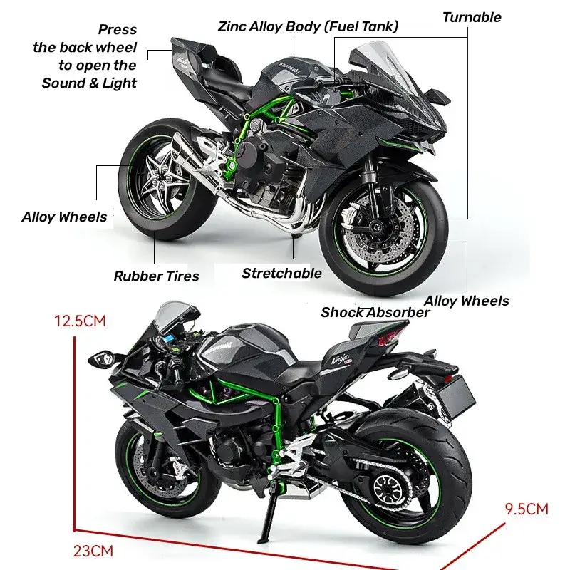 Diecast Sports Bike Model 7 Inch | Alloy Metal & Plastic Motorcycle Toy with Light, Music & Suspension | Scale Racing Motorbike Replica for Kids | Kawasaki H2R, Ducati & Panigale Style