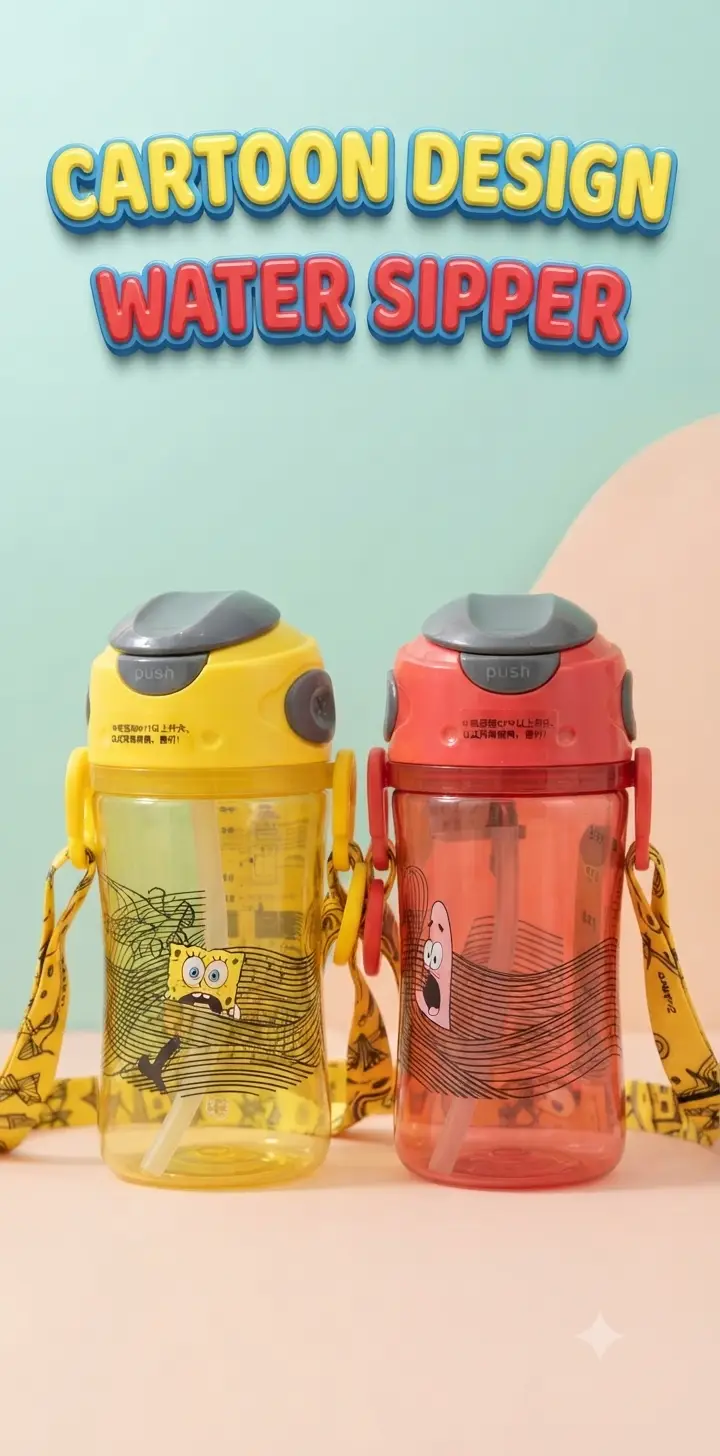 Cute Cartoon Design Water Sipper Bottle with Straw and Strap – Kids Portable Drinking Bottle