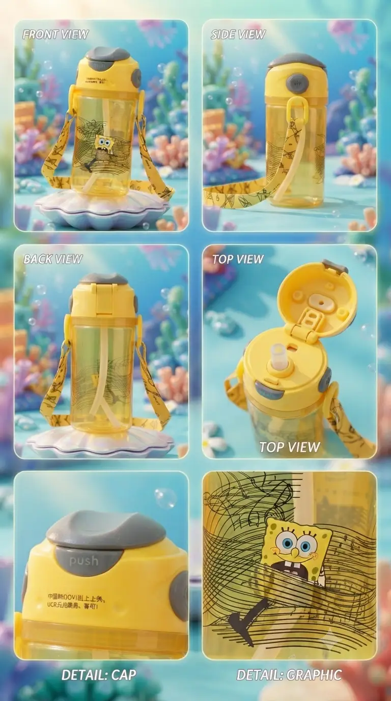 Cute Cartoon Design Water Sipper Bottle with Straw and Strap – Kids Portable Drinking Bottle