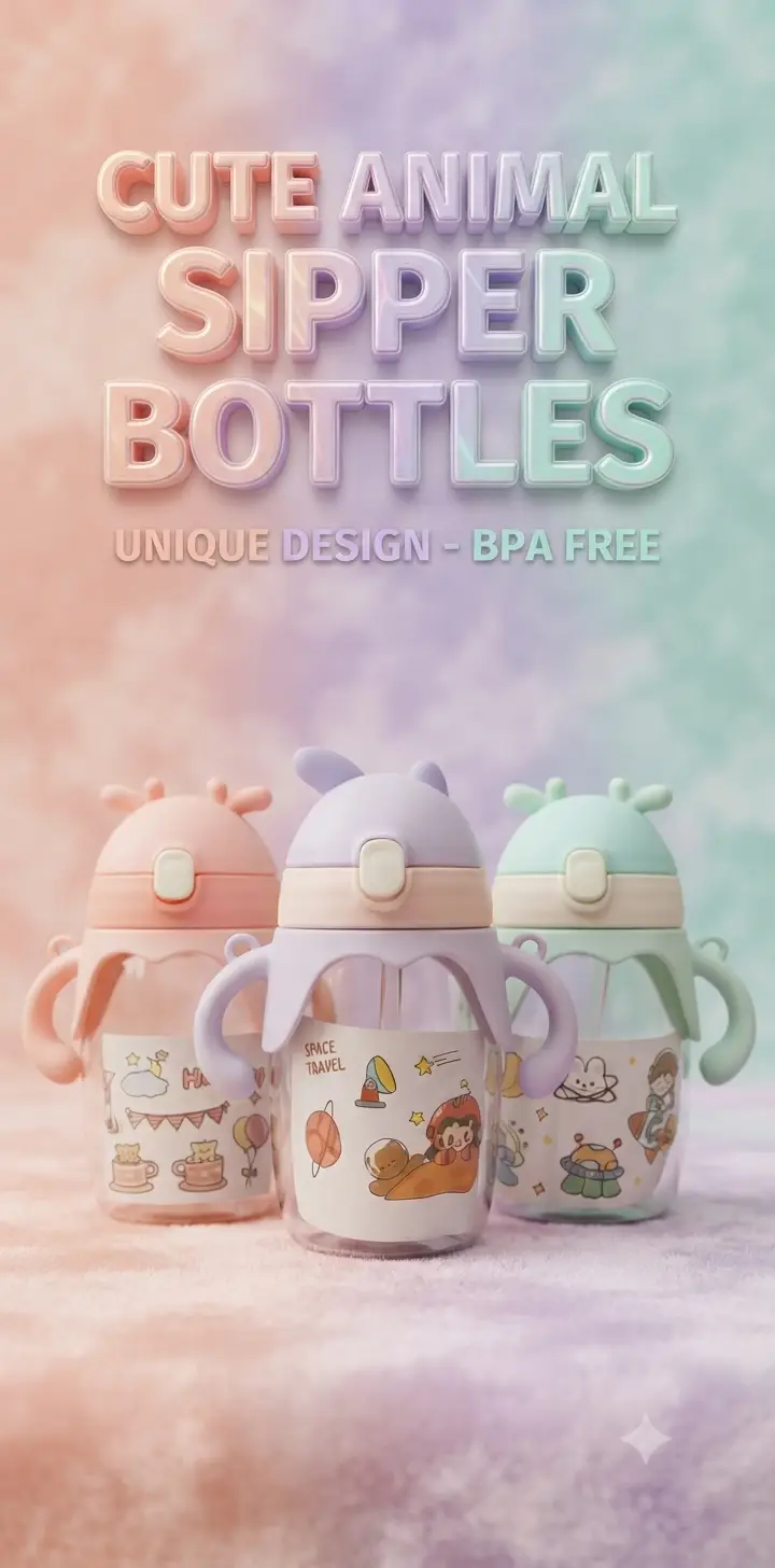 Cute Deer Design Water Sipper – Kids Space Travel Theme Straw Bottle