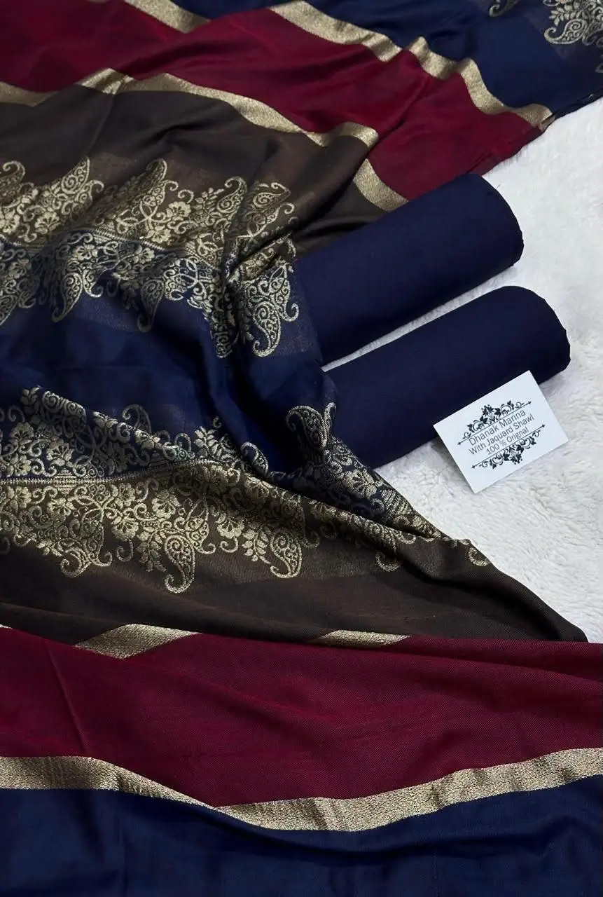 3 Pcs Women's Unstitched Plain Suit Faincy Whool Shawl Blue