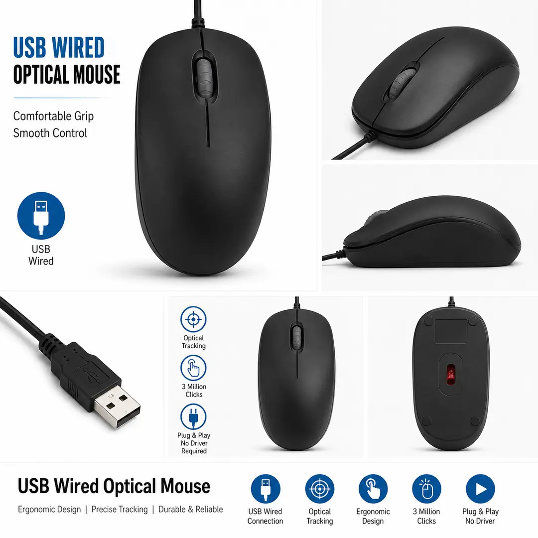 Premium Wired USB Optical Mouse – Ergonomic Design, Smooth & Accurate Control