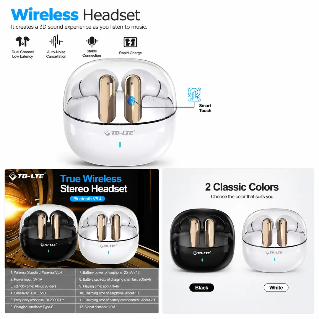 TD-LTE Wireless Headset BT 5.4 200mAh Charging Case Smart Touch Environmental Noise Cancellation Earbuds for Music/Gaming