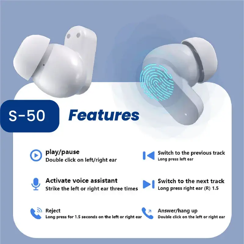 S50 TWS Wireless Bluetooth Earbuds V5.4 | Touch Control | Hi-Fi Stereo Sound | 30H Battery Backup | Charging Case