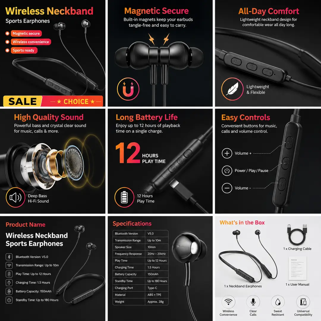 Wireless Neckband Sports Earphones | Bluetooth 5.0 | Magnetic Earbuds | Clear Sound | In-Line Controls | Long Battery Life