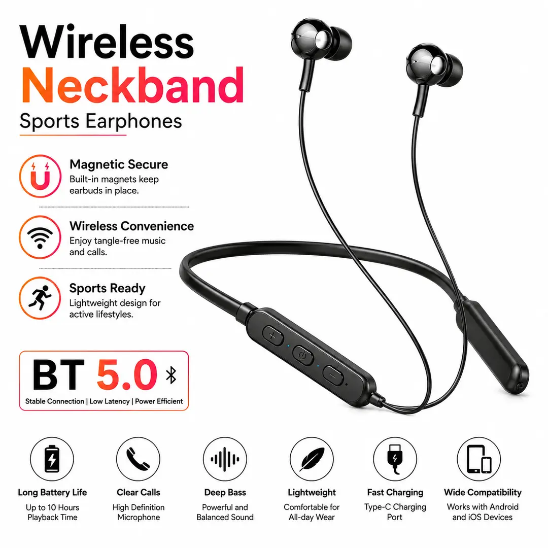 Wireless Neckband Sports Earphones | Bluetooth 5.0 | Magnetic Earbuds | Clear Sound | In-Line Controls | Long Battery Life