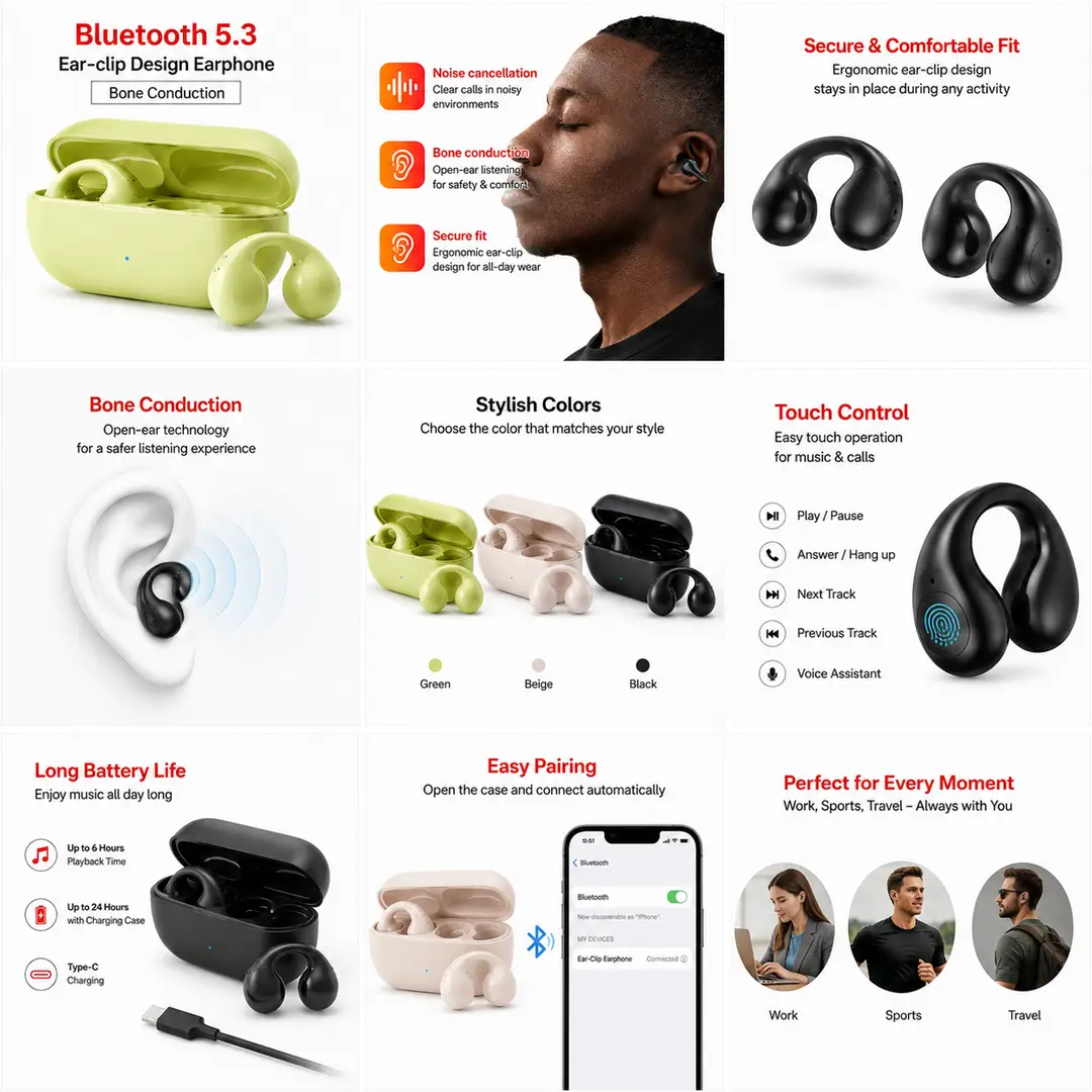 Bluetooth 5.3 Ear Clip Wireless Earbuds | Bone Conduction Open Ear Headset | Secure Fit | Touch Control | Charging Case