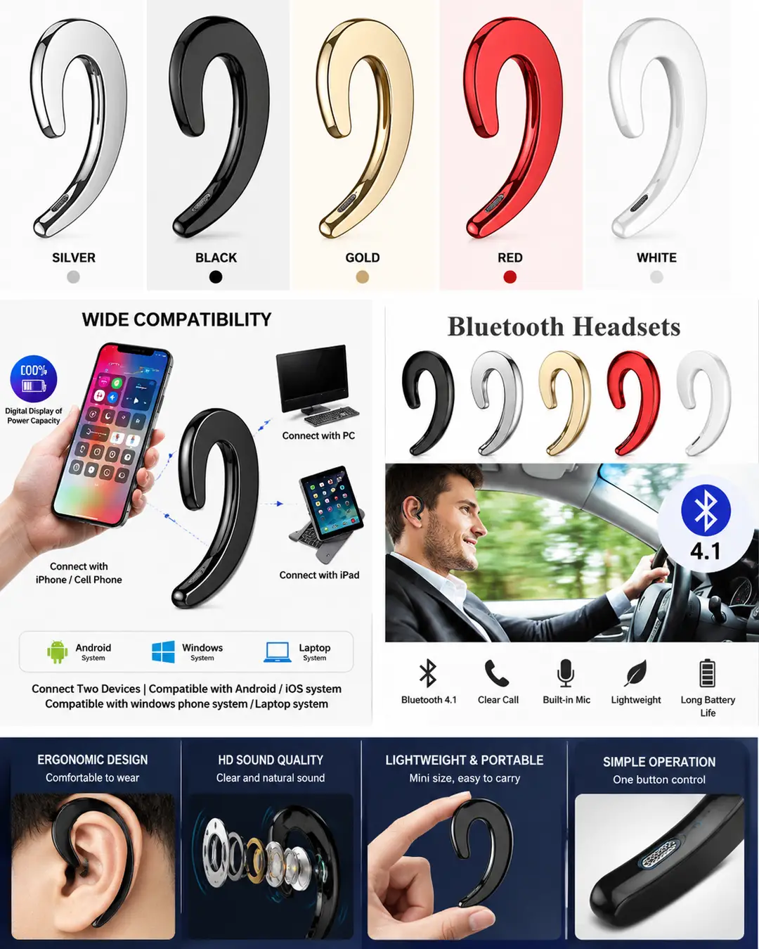 Bluetooth Earpiece Universal Bone Conduction Headset Wireless Bluetooth 4.2 Sports Stereo Headset For Laptops For Smartphones