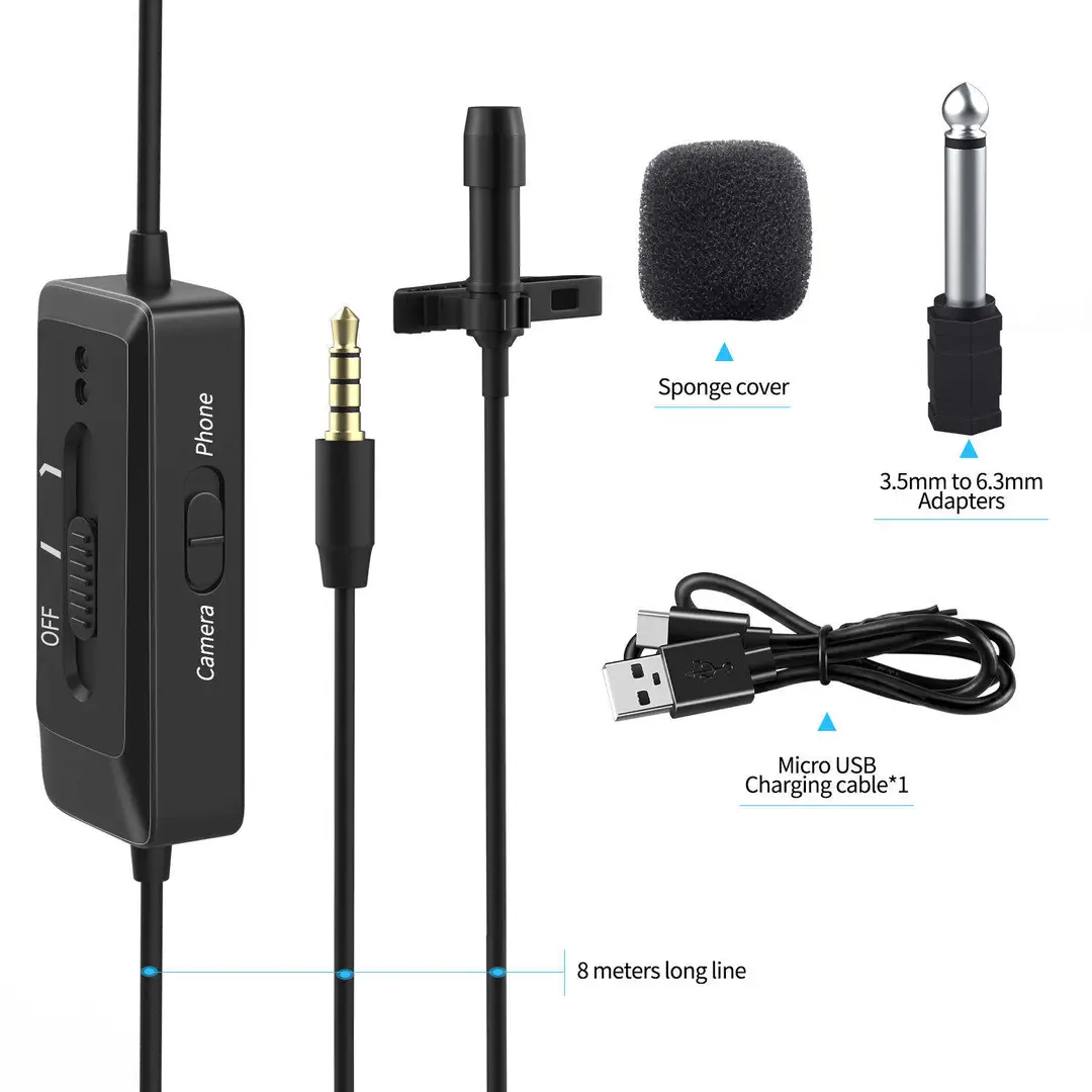 Professional Wired Lavalier Microphone Conference Microphone 8m Anti-interference Cable for Camera Smart Phone