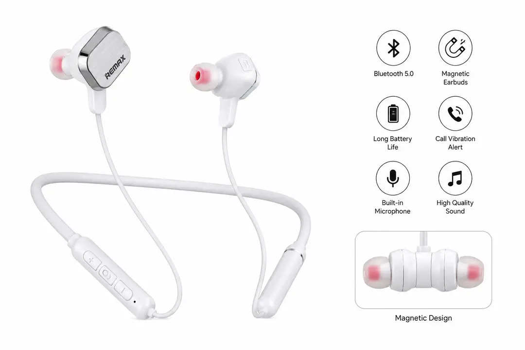 REMAX Wireless Neckband Earphones – Bluetooth Stereo Headset with Magnetic Earbuds