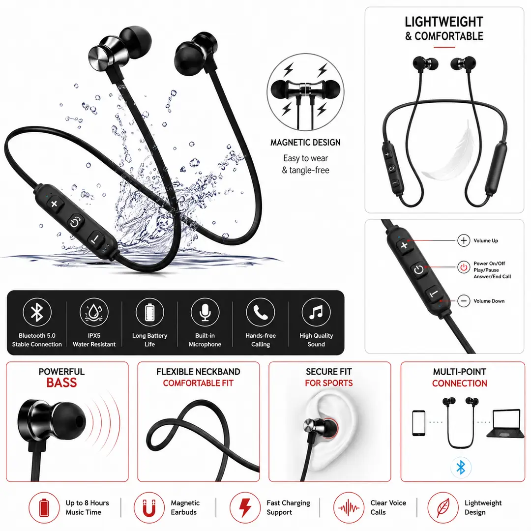 Wireless Headphones, Waterproof Sweatproof 2.5 Hours Playtime Bluetooth Headphones, with Magnetic Connection, Sports Earbuds for Running