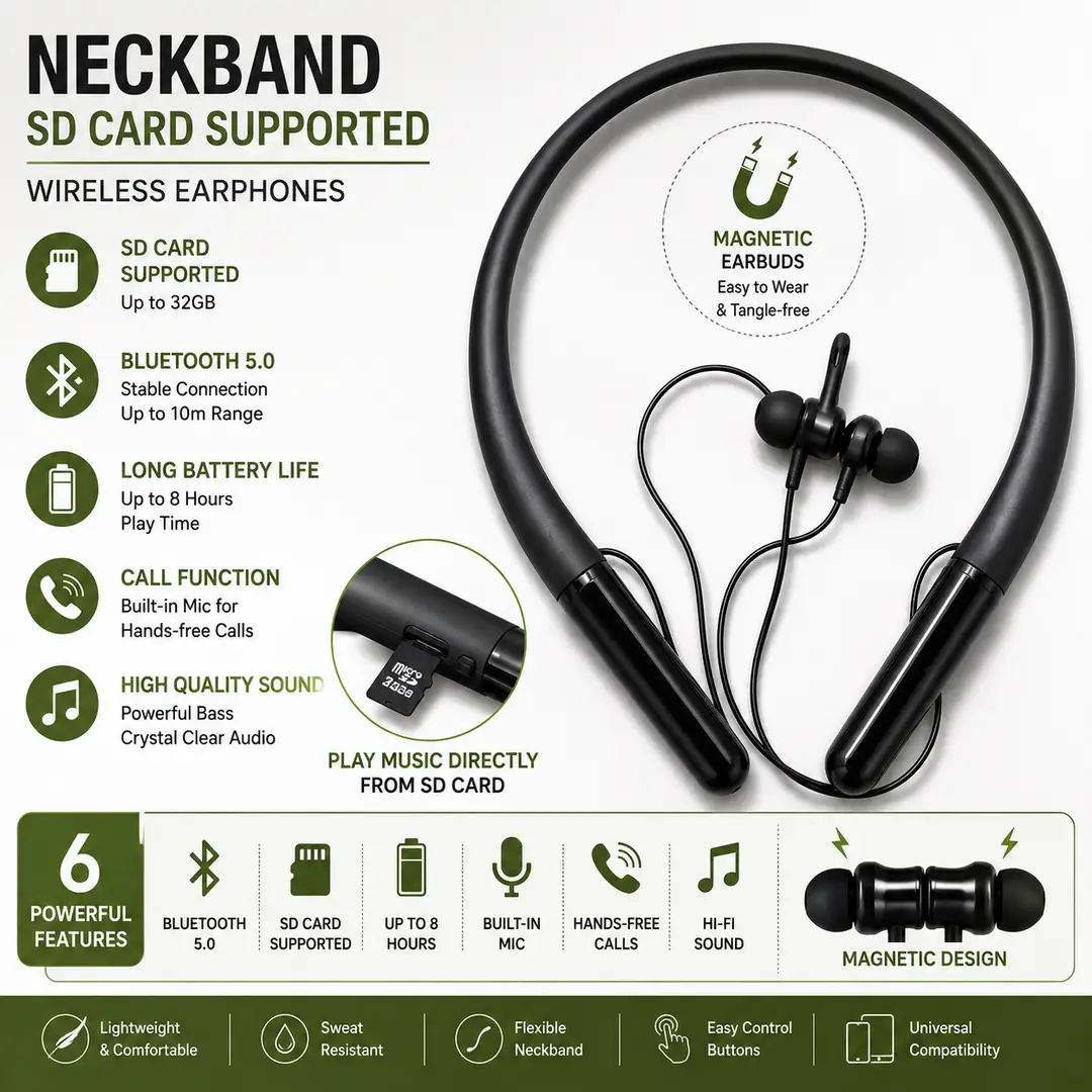 Bluetooth 5.0 Wireless Neckband Earphones – SD Card Supported