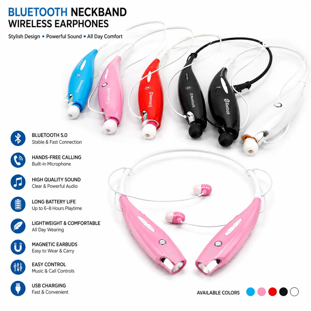 **Bluetooth Neckband Wireless Earphones with Built-in Microphone & Hands-Free Calling – Stylish Neckband Headphones for Music & Calls