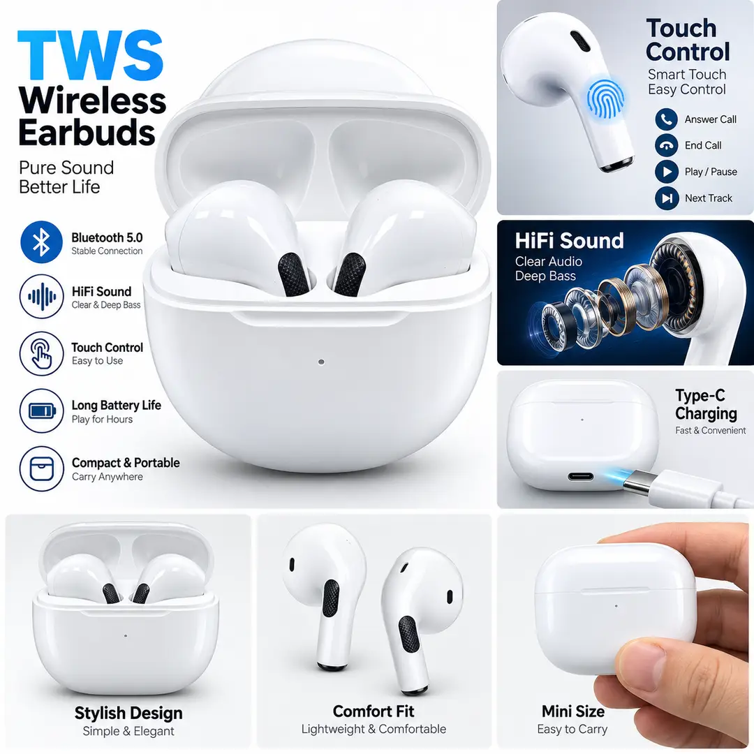 TWS Wireless Earbuds Bluetooth 5.0 – Stereo Sound, Touch Control, Charging Case**