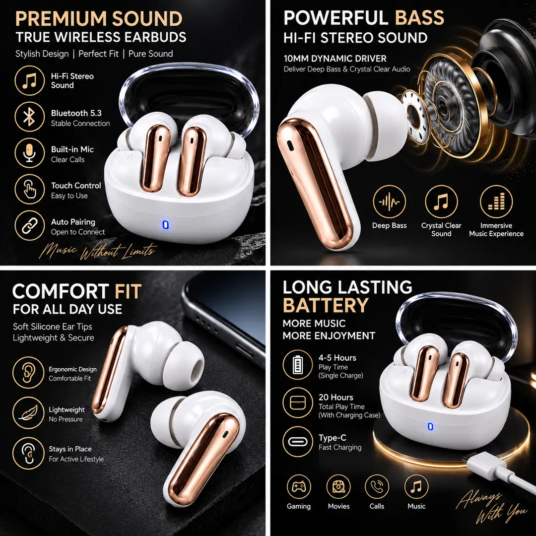Premium TWS Wireless Earbuds – Bluetooth 5.3, Hi-Fi Stereo Sound, Touch Control & Charging Case