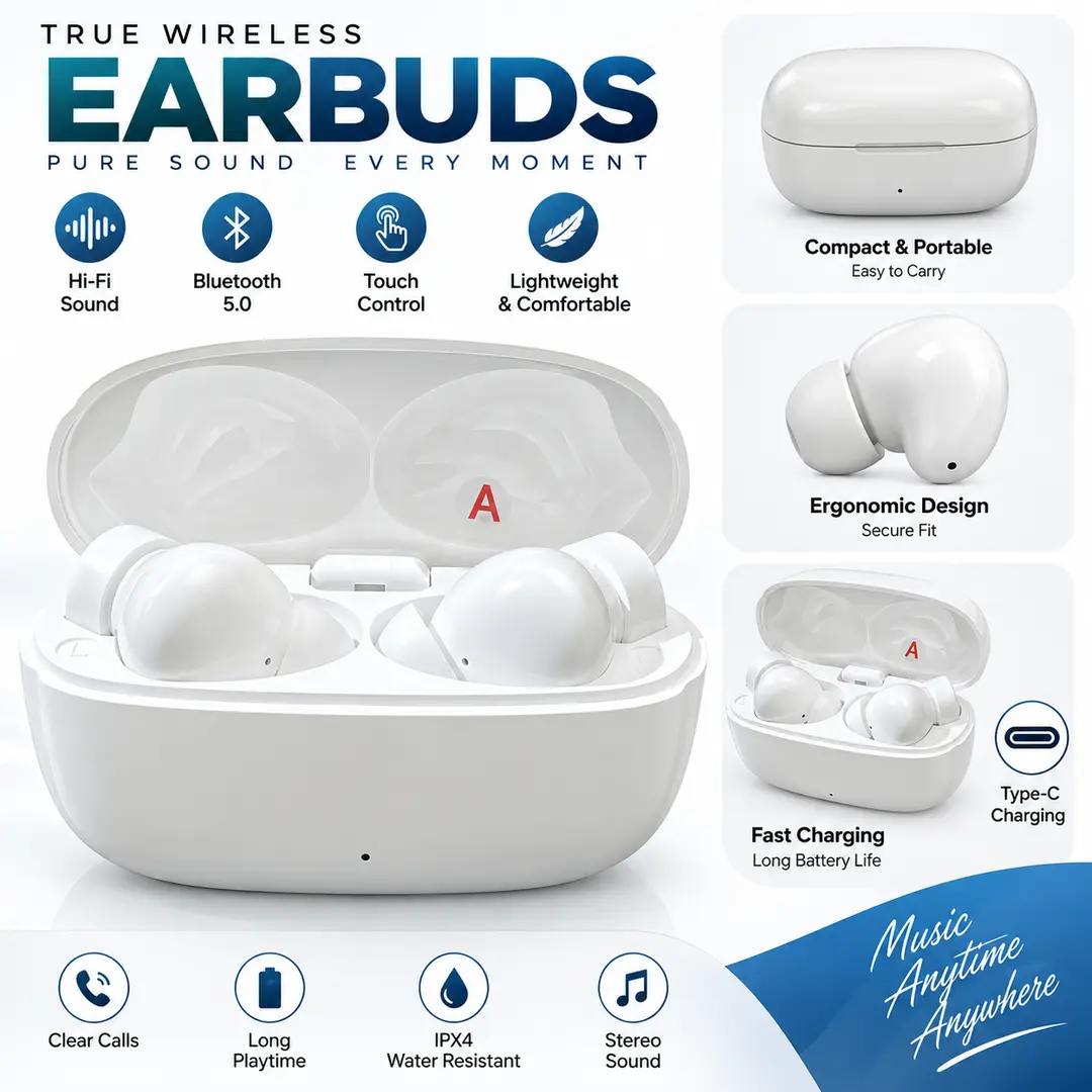 White TWS Wireless Bluetooth Earbuds – Smart Touch Control & Stereo Sound