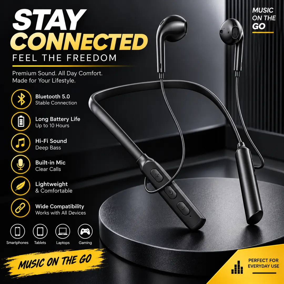 Neckband Bluetooth Wireless Earphones – Stereo Sound, Deep Bass, Built-in Mic & Long Battery Life