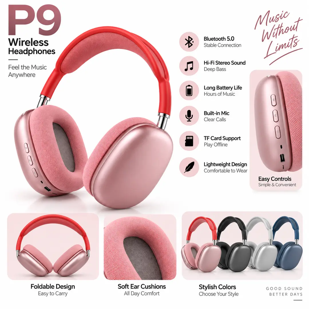 P9 Wireless Bluetooth Headphones – Stereo Sound, Deep Bass & Foldable Design