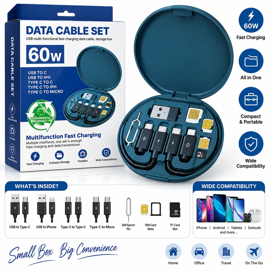 60W Multifunction Data Cable Set – Fast Charging Cable Kit with Storage Case