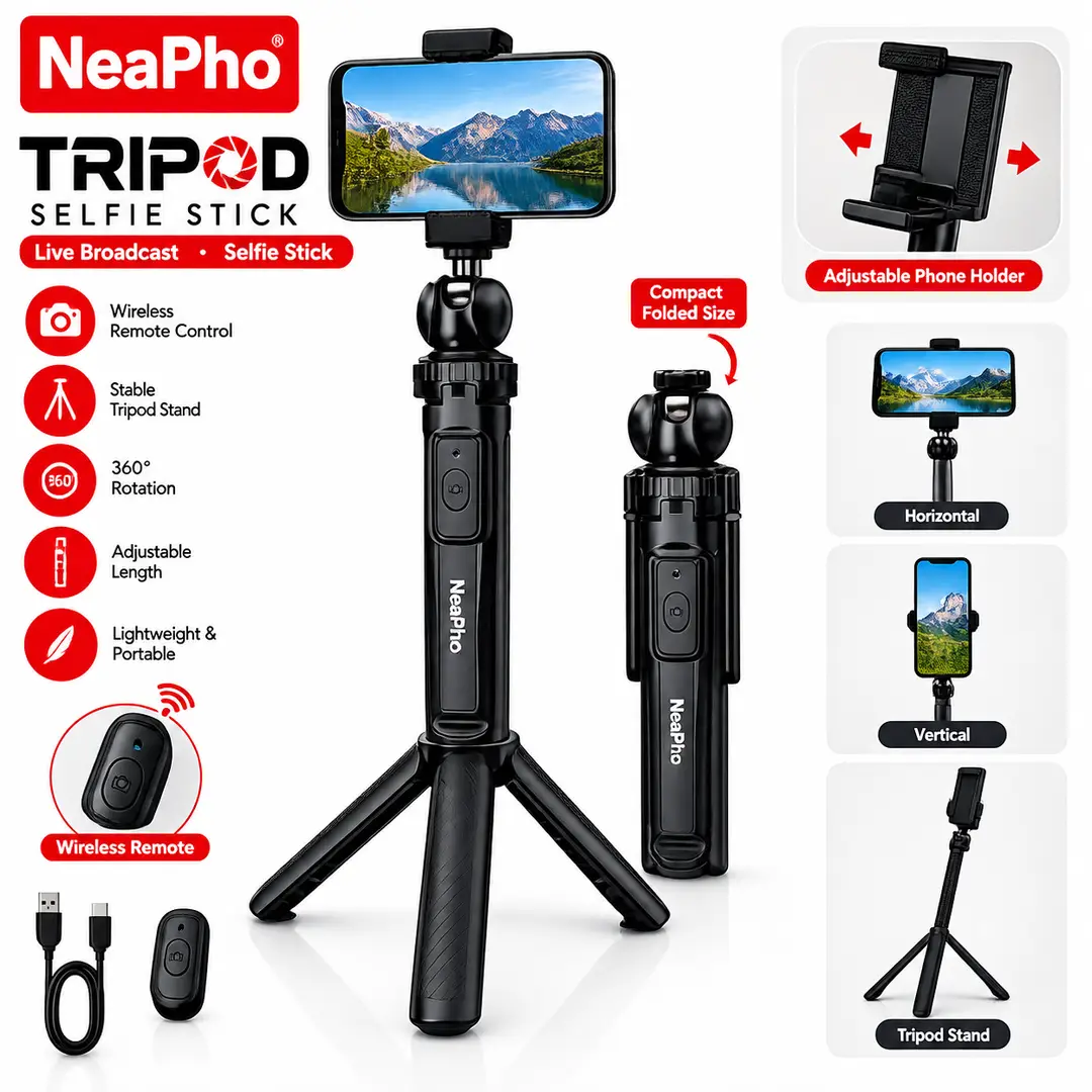 NeePho NP-999S Selfie Stick Tripod with Bluetooth Remote – Adjustable Height, 360° Rotation & Universal Phone Holder
