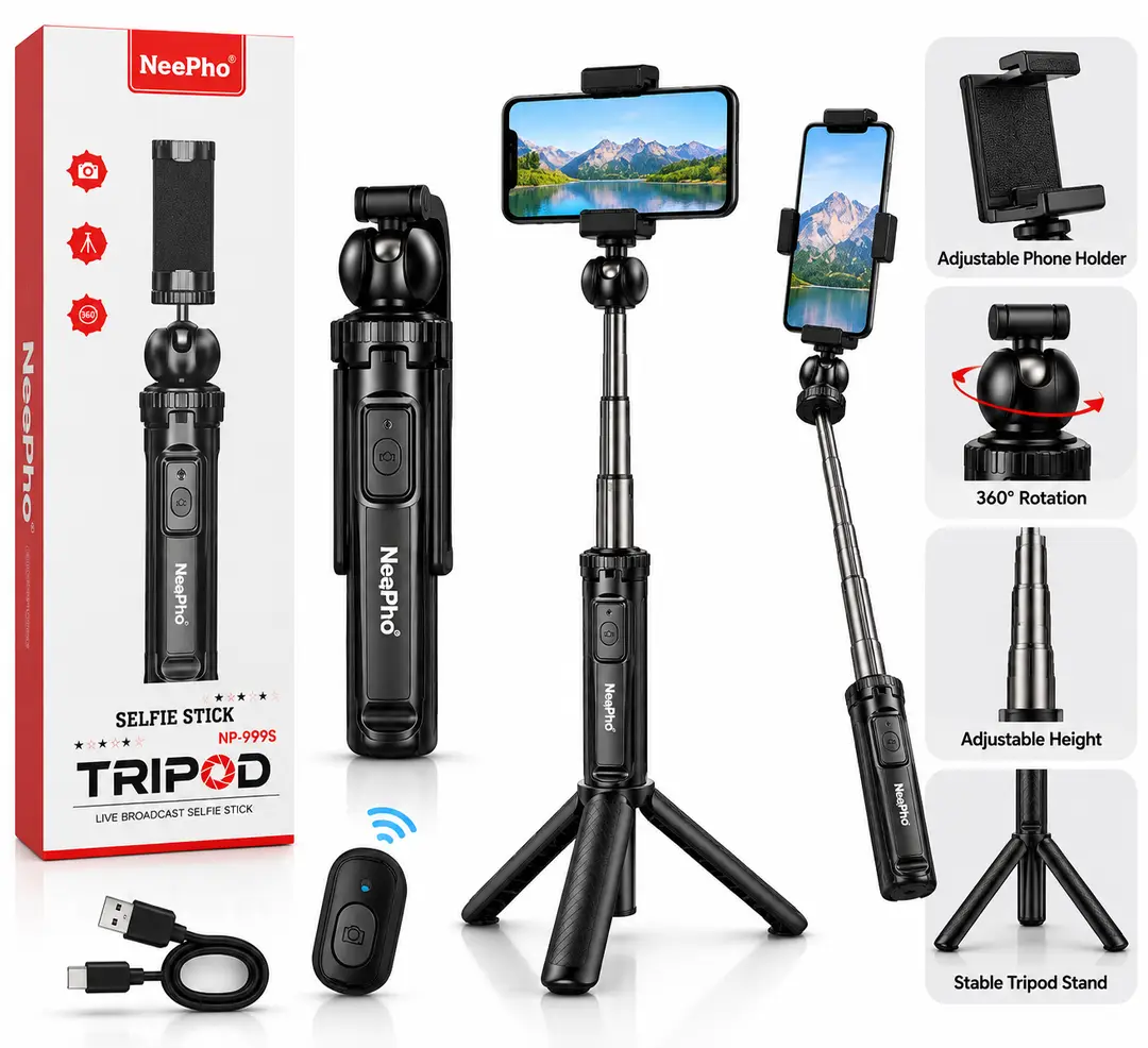 NeePho NP-999S Selfie Stick Tripod with Bluetooth Remote – Adjustable Height, 360° Rotation & Universal Phone Holder