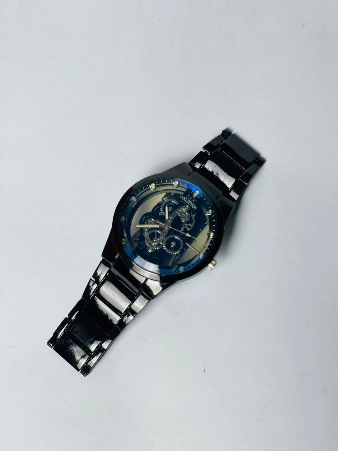 Men's Black Stainless Steel Skeleton Watch with Gears