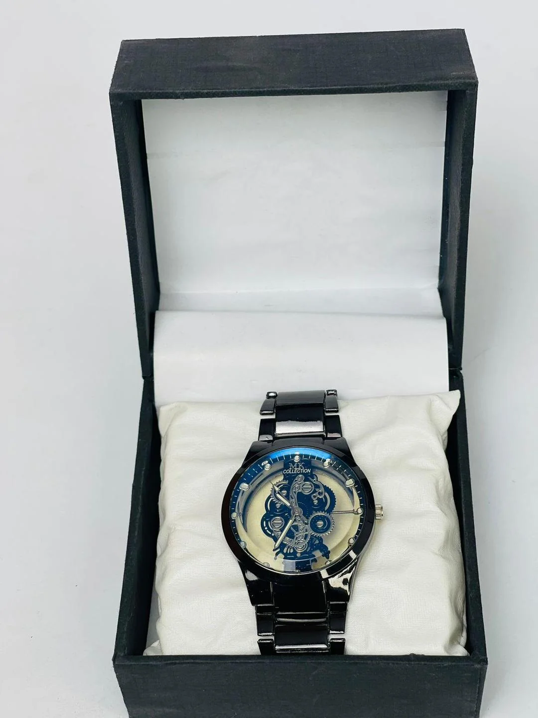Men's Black Stainless Steel Skeleton Watch with Gears