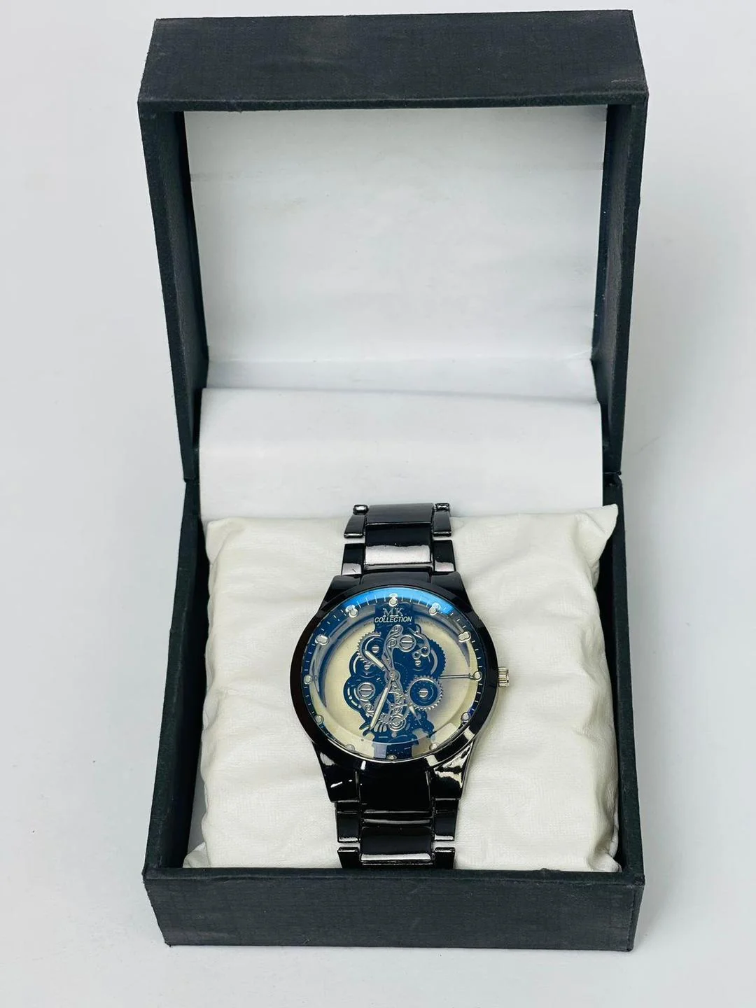 Men's Black Stainless Steel Skeleton Watch with Gears