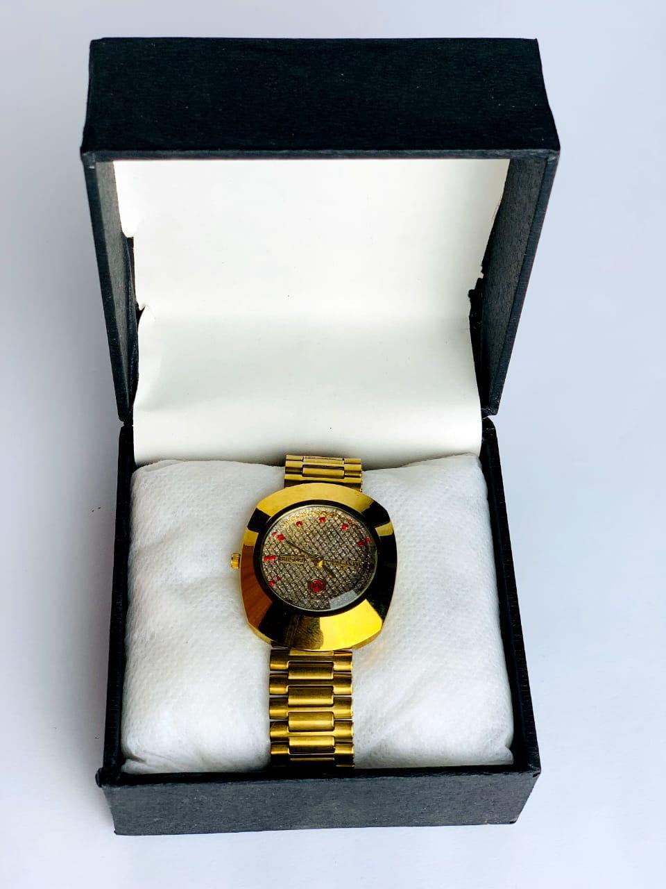 Men's Gold Stainless Steel Watch with Red Accents