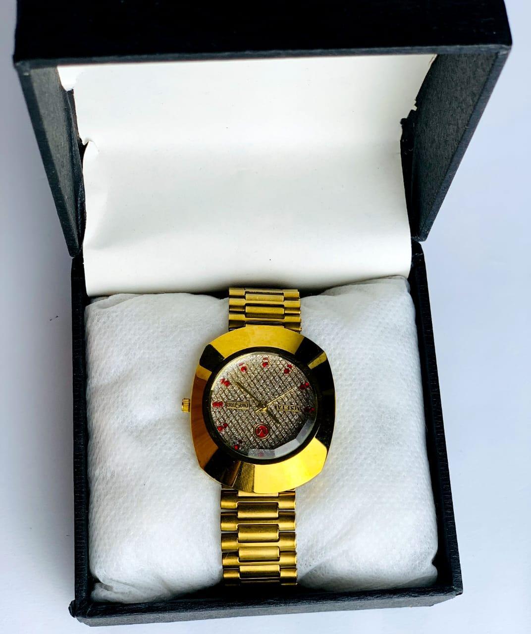 Men's Gold Stainless Steel Watch with Red Accents